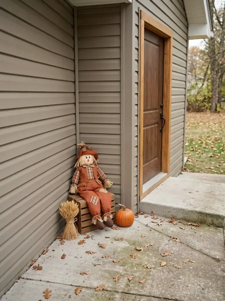 Small scarecrow and pumpkin Thanksgiving display tucked into the sheltered side recess of a manufactured home entrance.