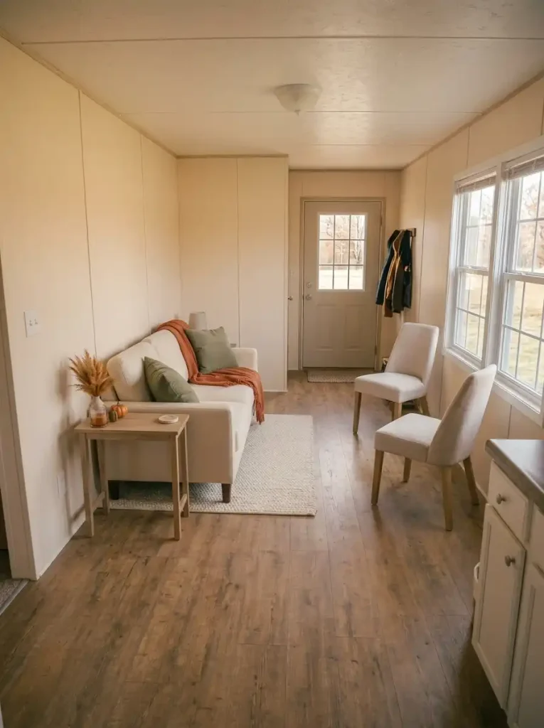Small single-wide living room with one wall-side sofa and two lightweight Thanksgiving guest chairs beside a clear walking route.