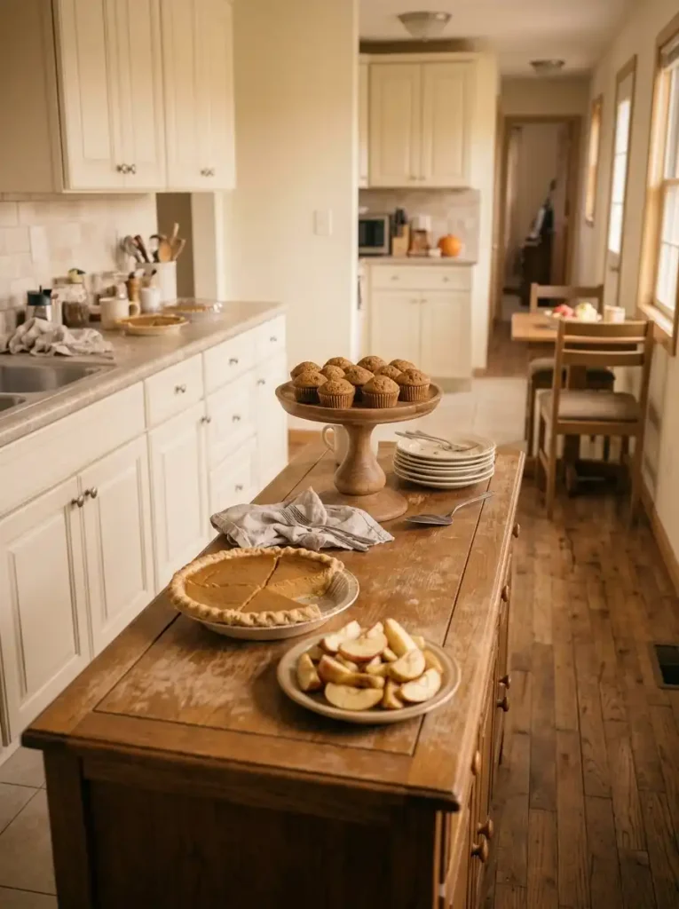 Low pie and apple dishes in front of mini muffins raised on one sturdy stand.