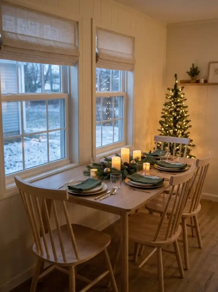 Snowy window-side Christmas dining table with gold accents, evergreen greenery, white plates, and warm flameless candles.