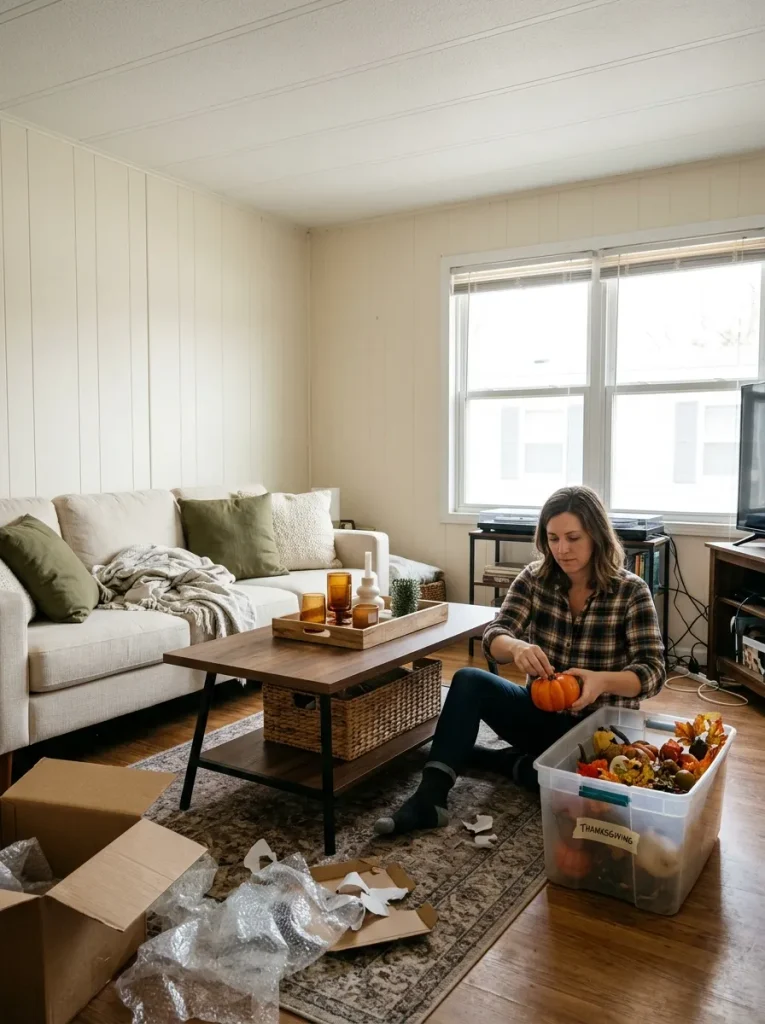 Small mobile home living room with Thanksgiving decorations sorted into reusable and seasonal groups