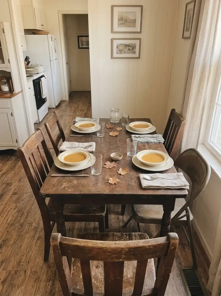 Soup-first Thanksgiving place settings with bowls and spoons on a small mobile home table, with later-course dishes off-table.