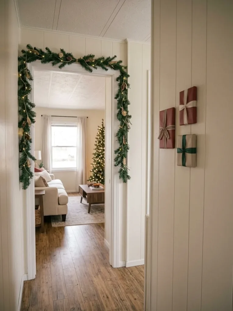 Narrow mobile home living room with lightweight Christmas wall panels and evergreen doorway decoration