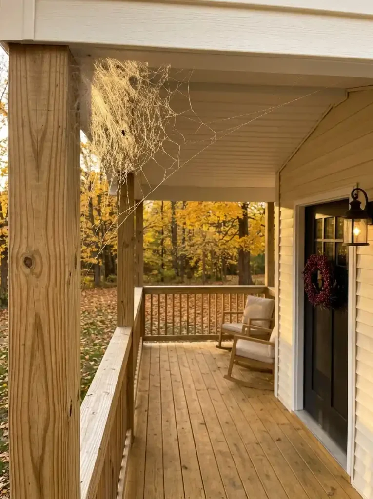 Halloween spiderweb concentrated at one upper post-and-beam corner of a mobile home porch while the rest of the entrance stays open.