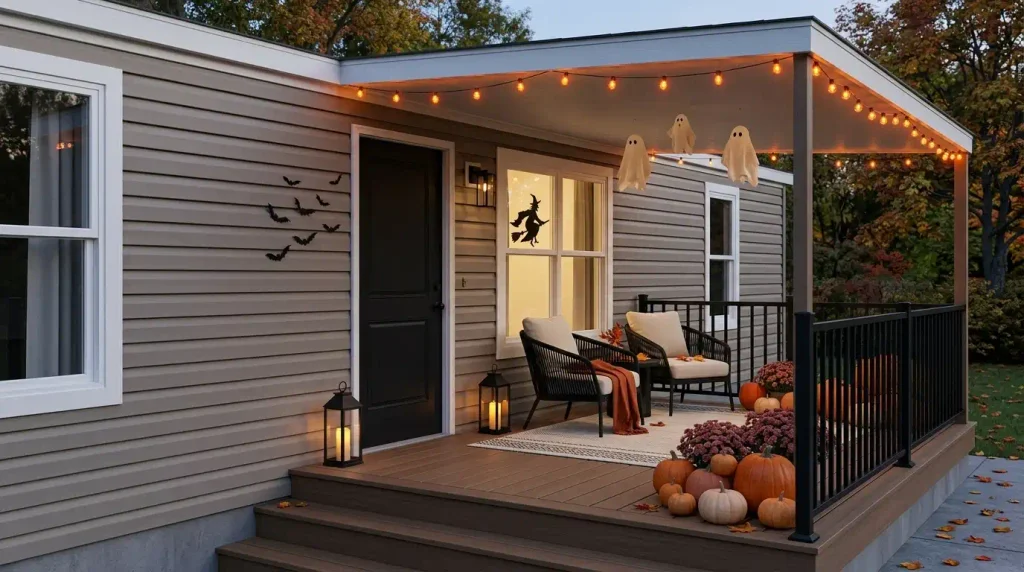 Spooky-cute Halloween mobile home patio with pumpkins, warm string lights, wicker seating, lanterns, and an open walkway at dusk.