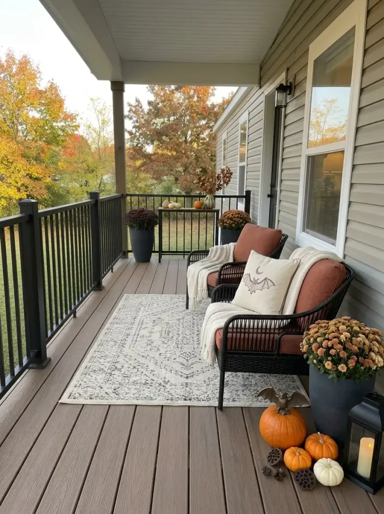Two-layer Halloween patio textiles combine muted orange cushions with one subtle spooky accent pillow.
