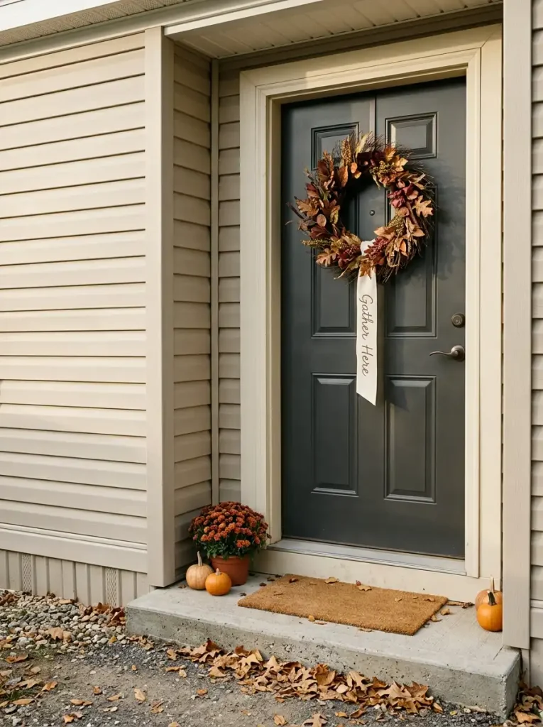 Three vertically stacked grapevine harvest hoops with copper, burgundy, and yellow foliage on a walnut-look manufactured home door.