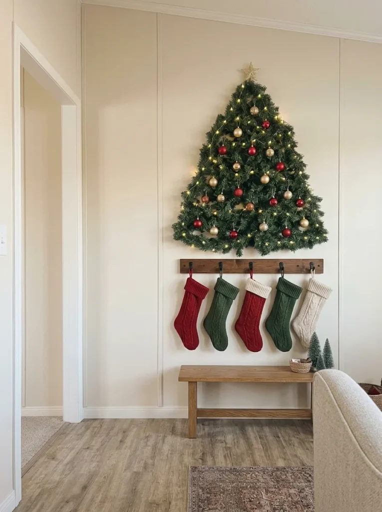 Evergreen wall Christmas tree with five decorative stockings hanging from independent supports in a small mobile home.