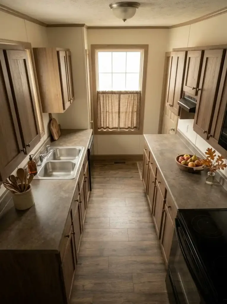 Stoneware crock, worn wood boards and amber glass adding primitive fall warmth to a clear mobile home kitchen counter.