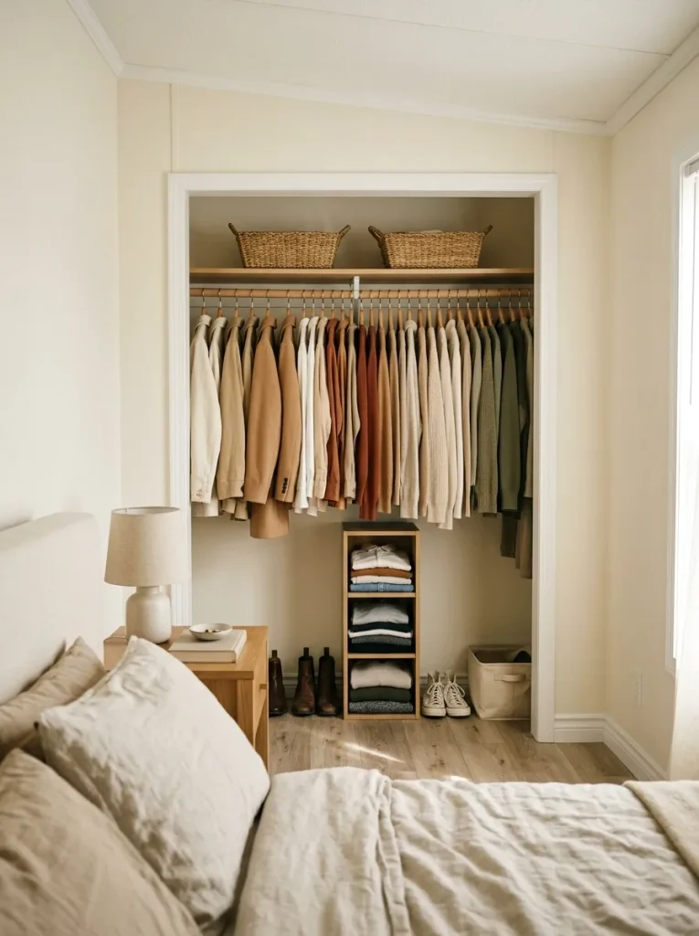 Styled open mobile home closet with coordinated wooden hangers, neutral clothes, baskets, and a small bed nearby.