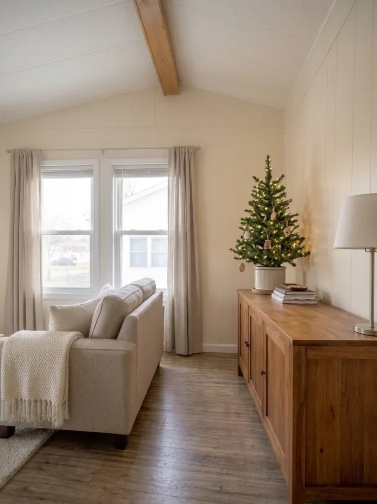 Compact Christmas tree on a sturdy wooden console in a small mobile-home living room.