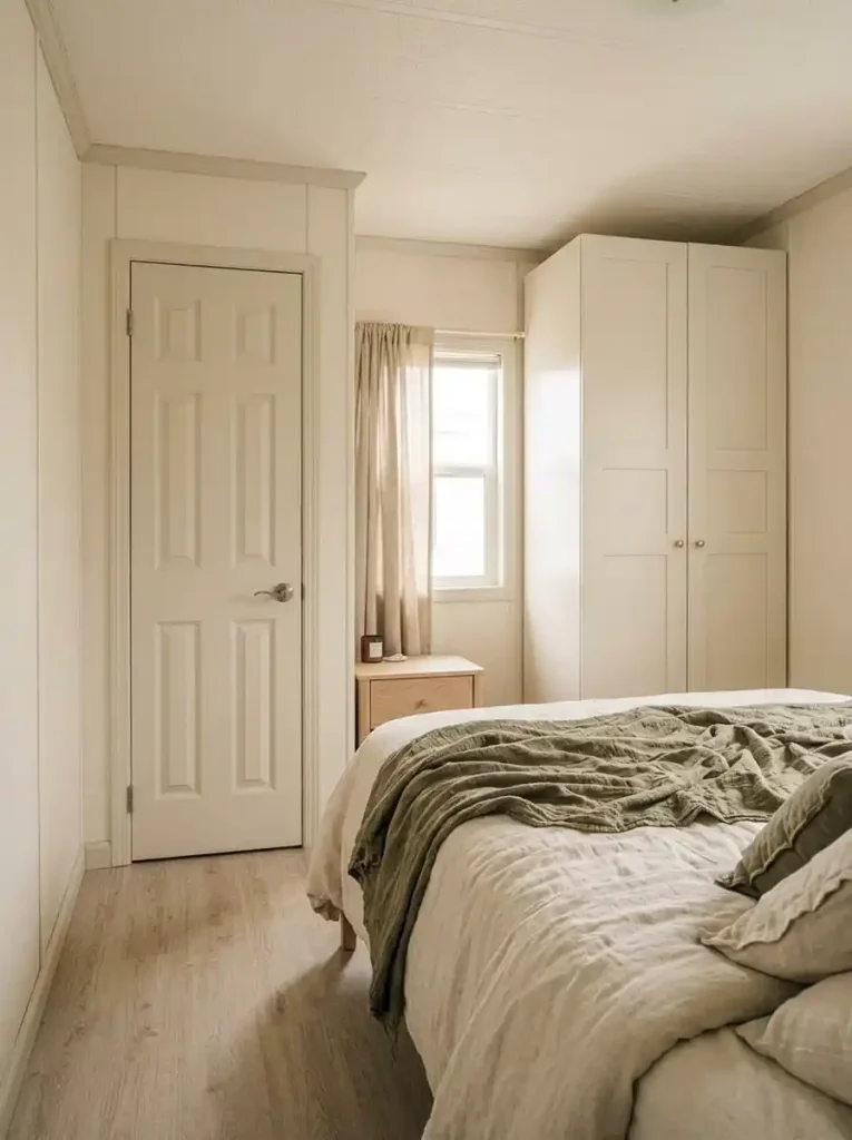 Small mobile home bedroom with a tall shallow wardrobe placed away from the main walking route beside the bed and closet.