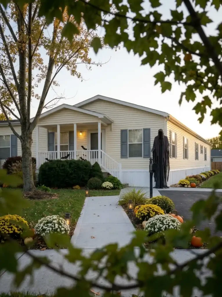 One tall Halloween figure beside a long single-wide mobile home balancing the home's horizontal roofline.