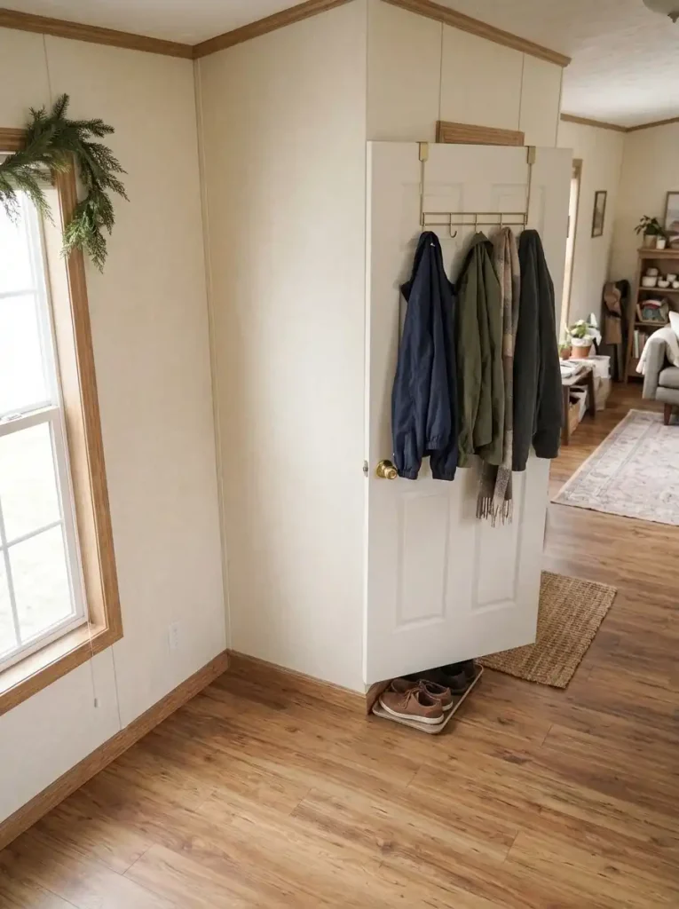 Slim over-door coat rack holding lightweight jackets on an interior utility-room door in a small mobile home.