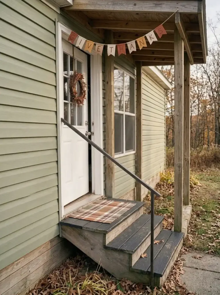 Small cream-and-rust Thanksgiving bunting hanging high on the beam above a white mobile-home door and narrow steps.