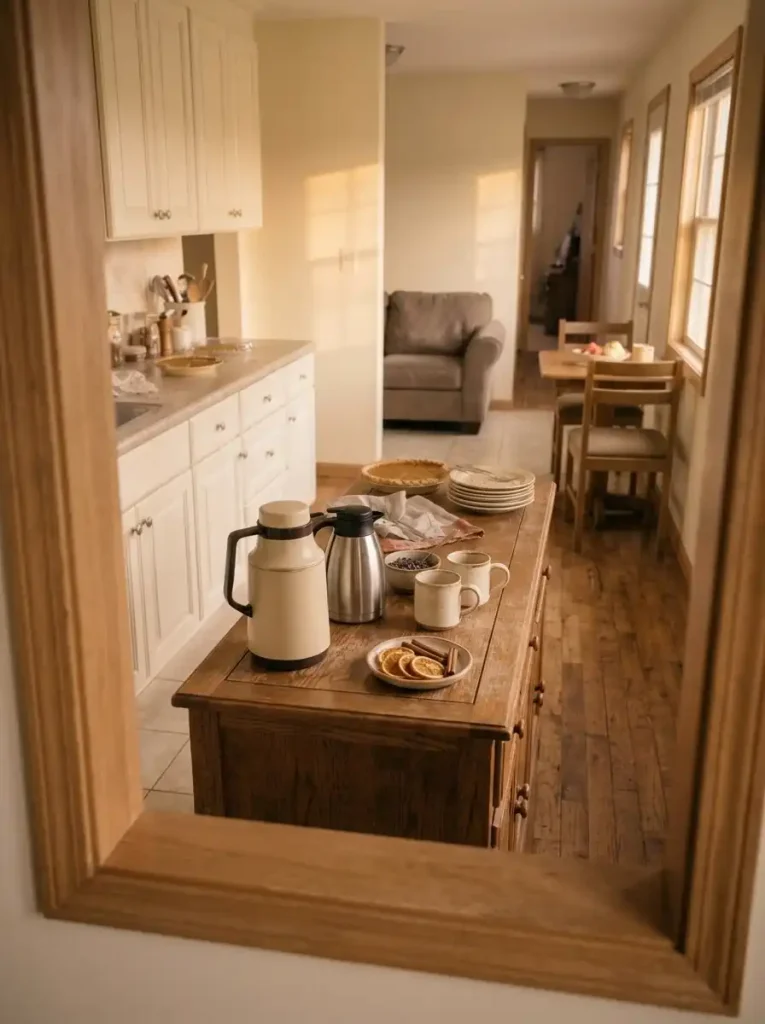 Insulated apple cider and coffee servers with cinnamon garnish on a small dining-side station.