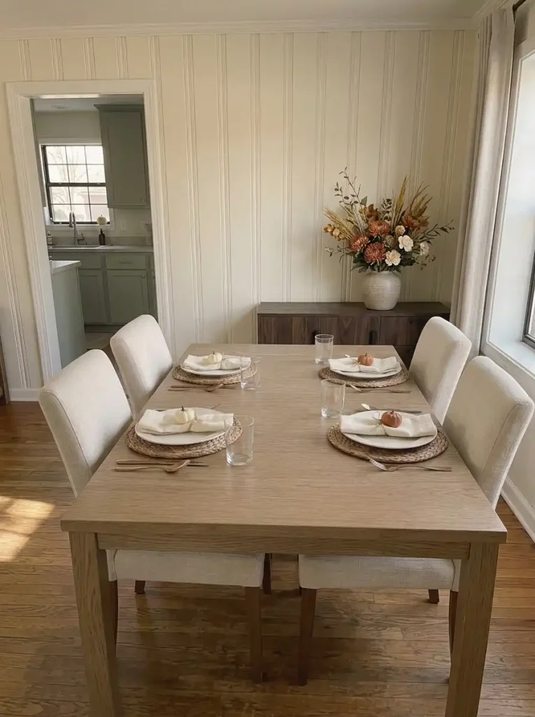Large autumn flower arrangement on a sideboard behind a small Thanksgiving dining table with a clear center.