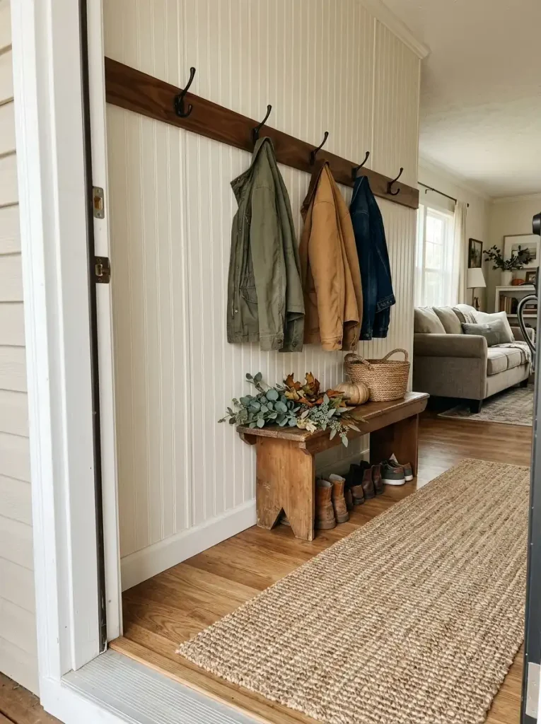 White beadboard coat wall with black hooks and three jackets beside a mobile home entrance, leaving the walkway clear.