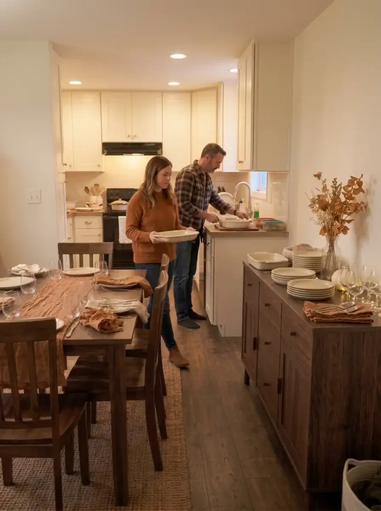 Hosts rehearsing a Thanksgiving buffet route with empty platters in a narrow mobile home kitchen before guests arrive.