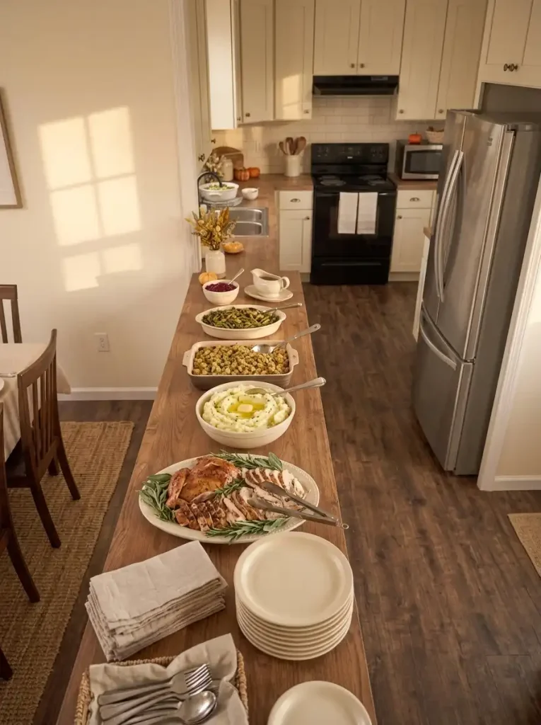 Elevated view of Thanksgiving dishes arranged from plates to mains, sides, and sauces on a narrow kitchen counter.