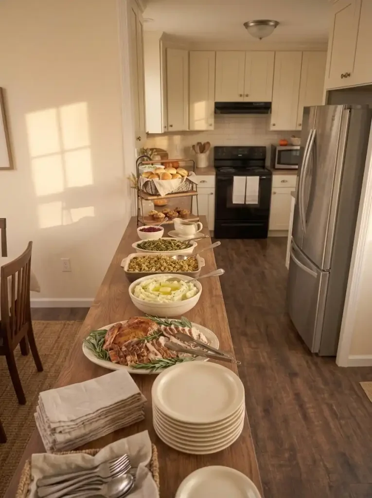 Thanksgiving buffet with heavy casserole dishes on the counter and lightweight bread displayed on a stable low riser.