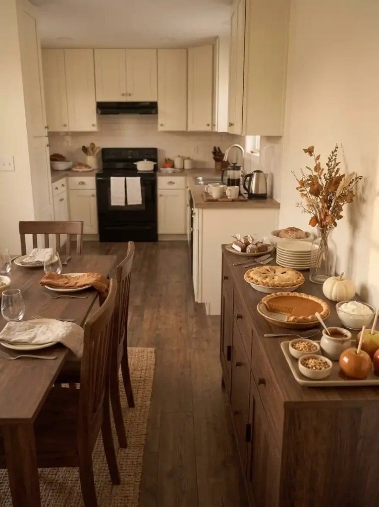 Narrow mobile home kitchen buffet reset with pumpkin pie, apple pie, and dessert plates after Thanksgiving dinner.