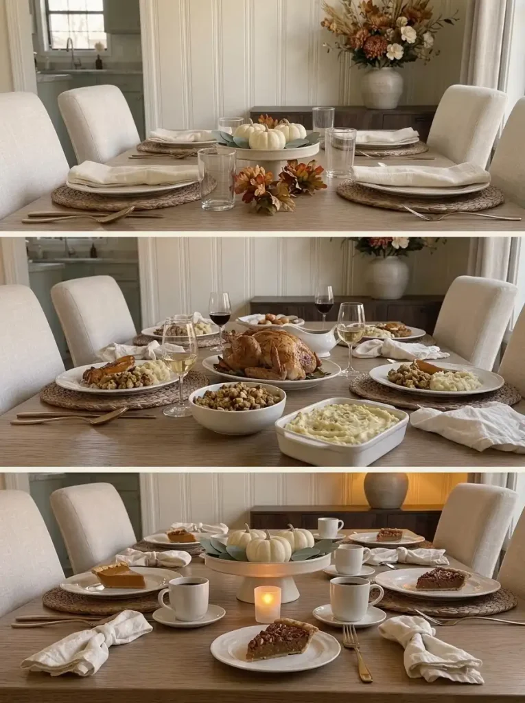 Three views of the same small Thanksgiving table showing pumpkin decor before dinner, serving dishes during dinner, and dessert styling.