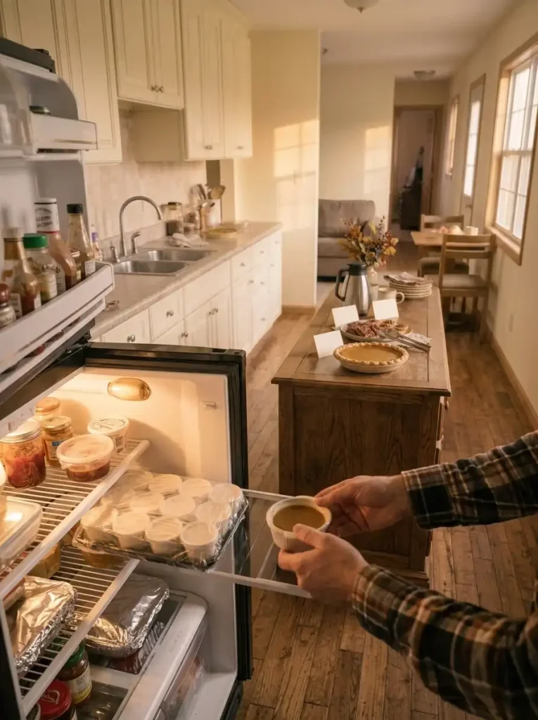 Chilled Thanksgiving dessert cups stored in a refrigerator before the next serving round.