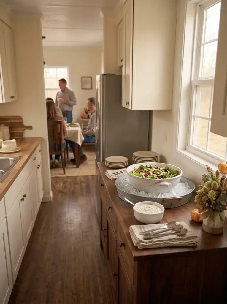 Chilled Thanksgiving salads and appetizers served over ice on a dining-side sideboard near a small mobile home kitchen.
