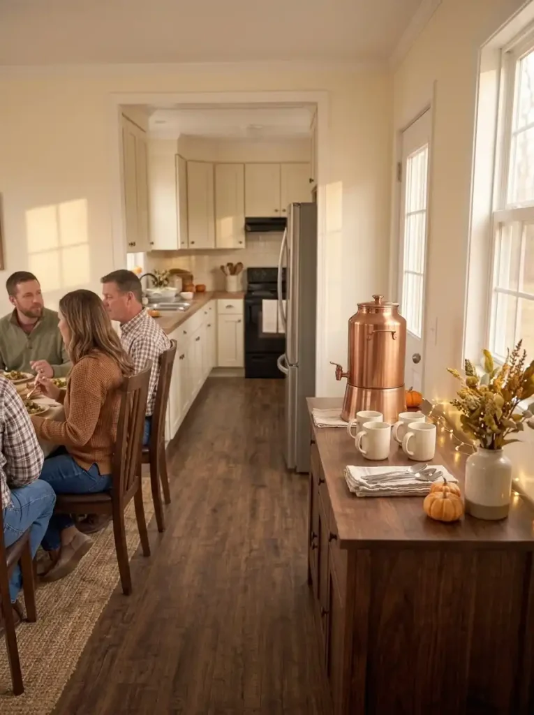 Thanksgiving cider bar with mugs and pumpkins on a dining-room sideboard outside a narrow mobile home kitchen.
