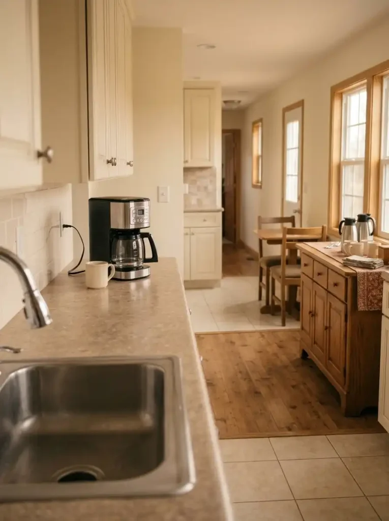 Coffee maker on a dry mobile home kitchen counter with room for the reservoir and mugs.