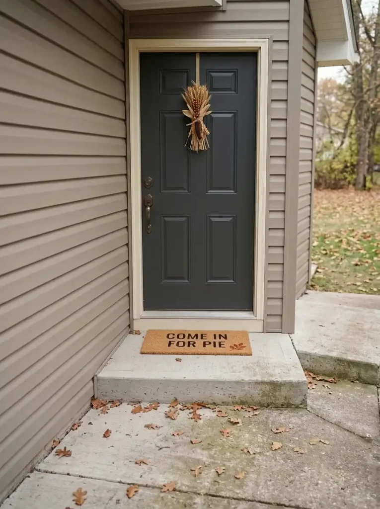 Thanksgiving welcome mat reading Come In for Pie on the small concrete entrance of a manufactured home.