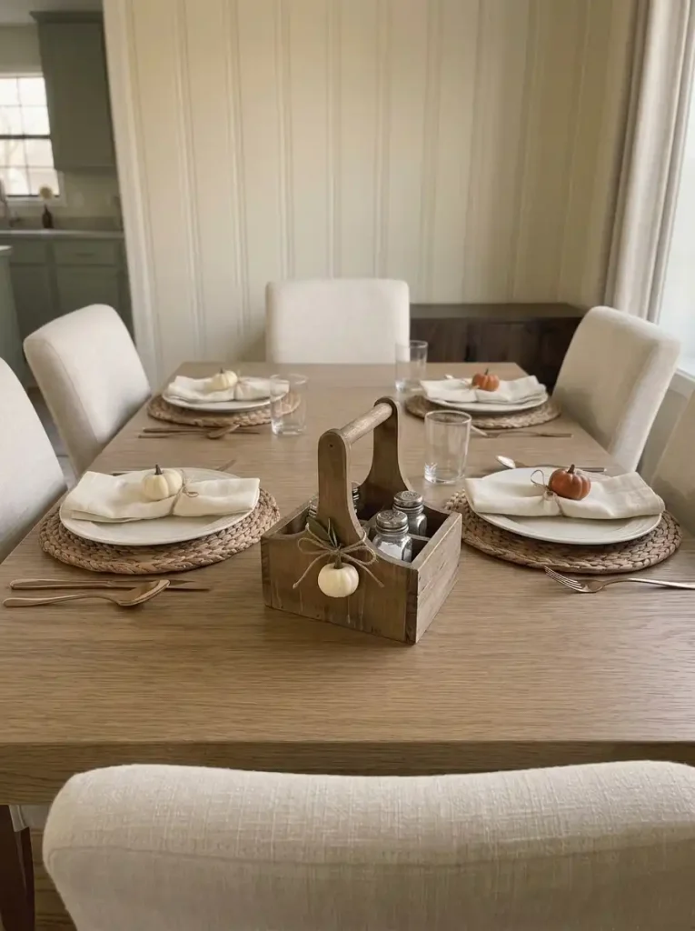 Small Thanksgiving condiment caddy with an autumn greenery accent and accessible salt and pepper shakers.