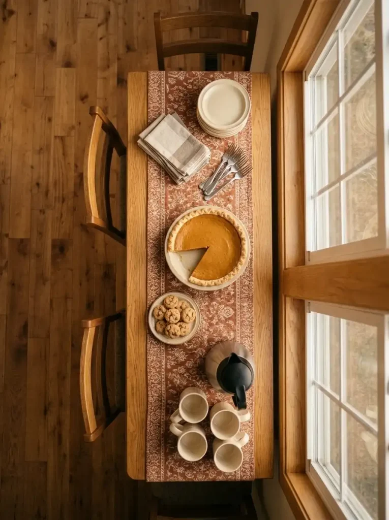 Overhead view of dessert plates, pumpkin pie, cookies, and coffee arranged in serving order.