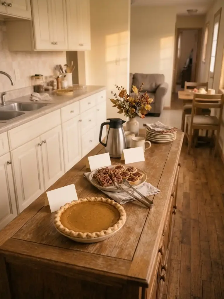 Blank tent labels beside pumpkin pie, pecan treats, and a decaf coffee carafe.