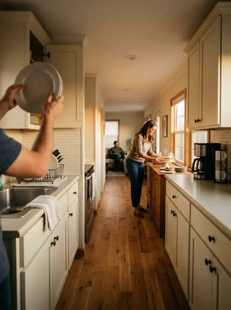 Clear mobile home kitchen aisle while Thanksgiving dessert trays are moved to a dining-side sideboard.