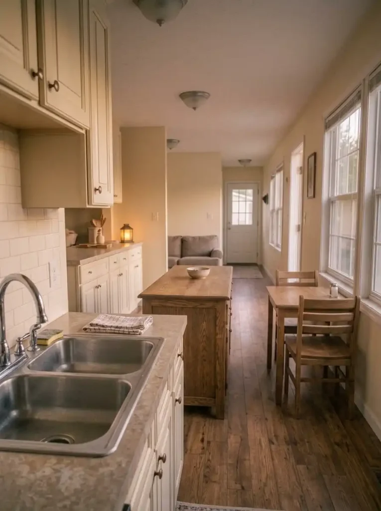 Clean mobile home sideboard and kitchen counter restored after Thanksgiving dessert service.