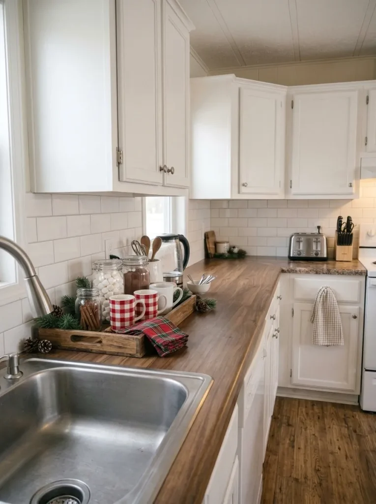 Small farmhouse mobile home kitchen with Christmas cocoa station, plaid mugs, marshmallow jars, and wooden tray