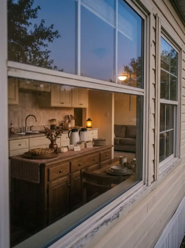 Mobile home coffee and dessert station seen through the dining window with warm evening lighting.