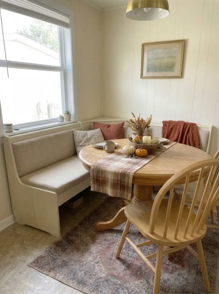 Cream corner dining bench with existing cushions and a muted rust accent beside a round wooden table.