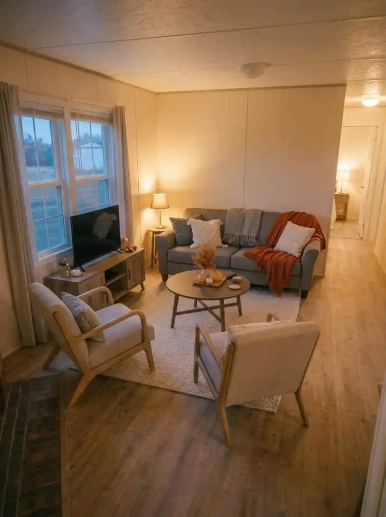 Mobile home living room with fixed sofa and two movable chairs angled toward the TV for Thanksgiving evening viewing.