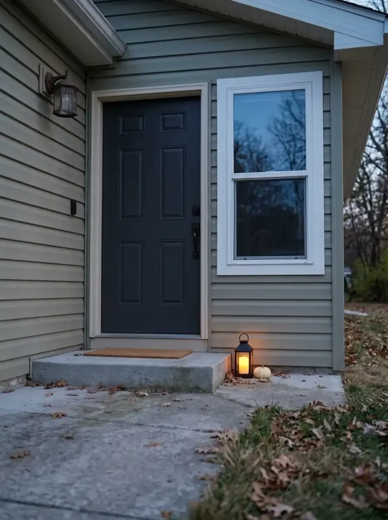 Warm glowing flameless lantern with a small pale pumpkin beside a charcoal manufactured home front door at dusk.