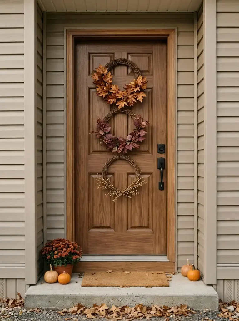 Charcoal manufactured home front door with a copper fall wreath updated by a cream Thanksgiving ribbon.