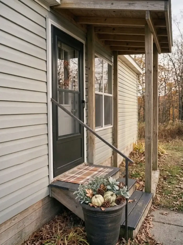 Charcoal planter filled with small gourds, pinecones and greenery beside the steps of a gray manufactured-home porch.