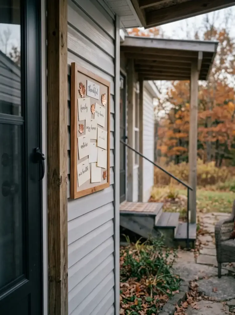 Small framed Thanksgiving gratitude board mounted in a covered niche beside a black manufactured-home entrance door.