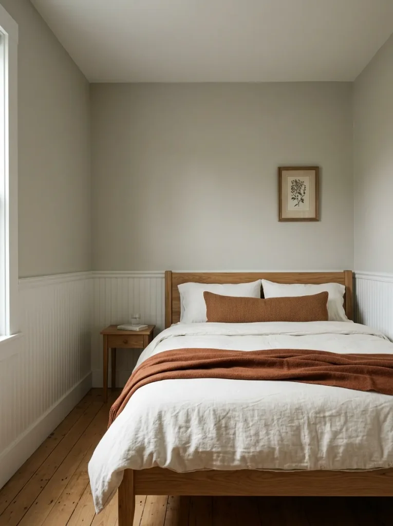 Ivory bed with a cinnamon lumbar pillow and rust knitted throw in a compact mobile-home guest bedroom.