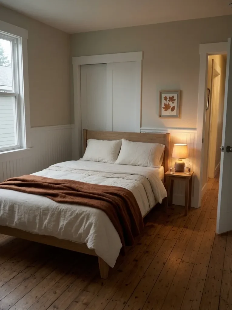 Warm amber bedside lamp illuminating an ivory guest bed with a clear pathway toward the bedroom door.