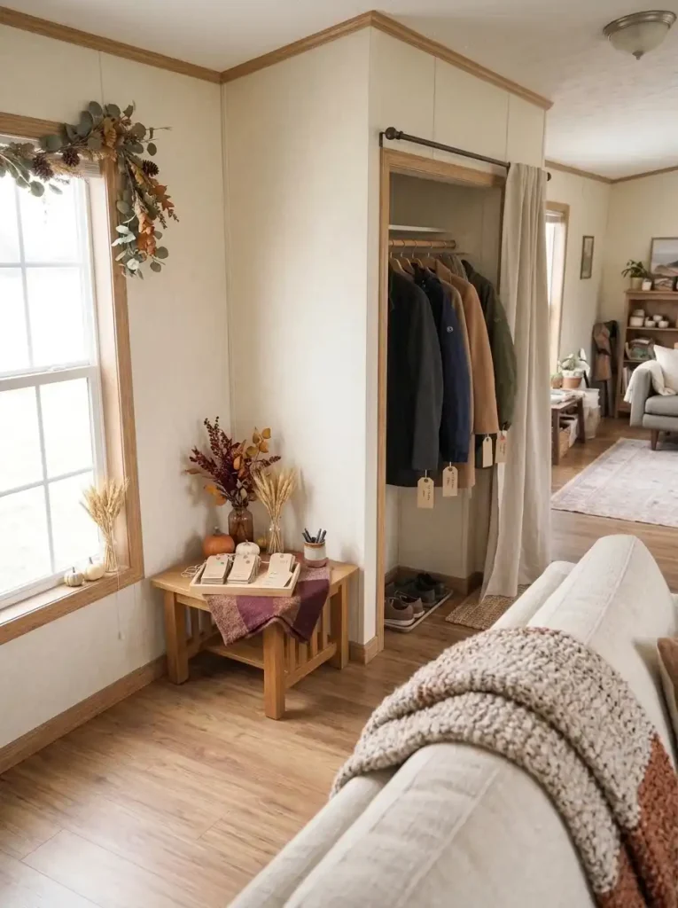 Matching kraft claim tags beside a compact coat rack, with tagged guest jackets organized in a small mobile home entryway.