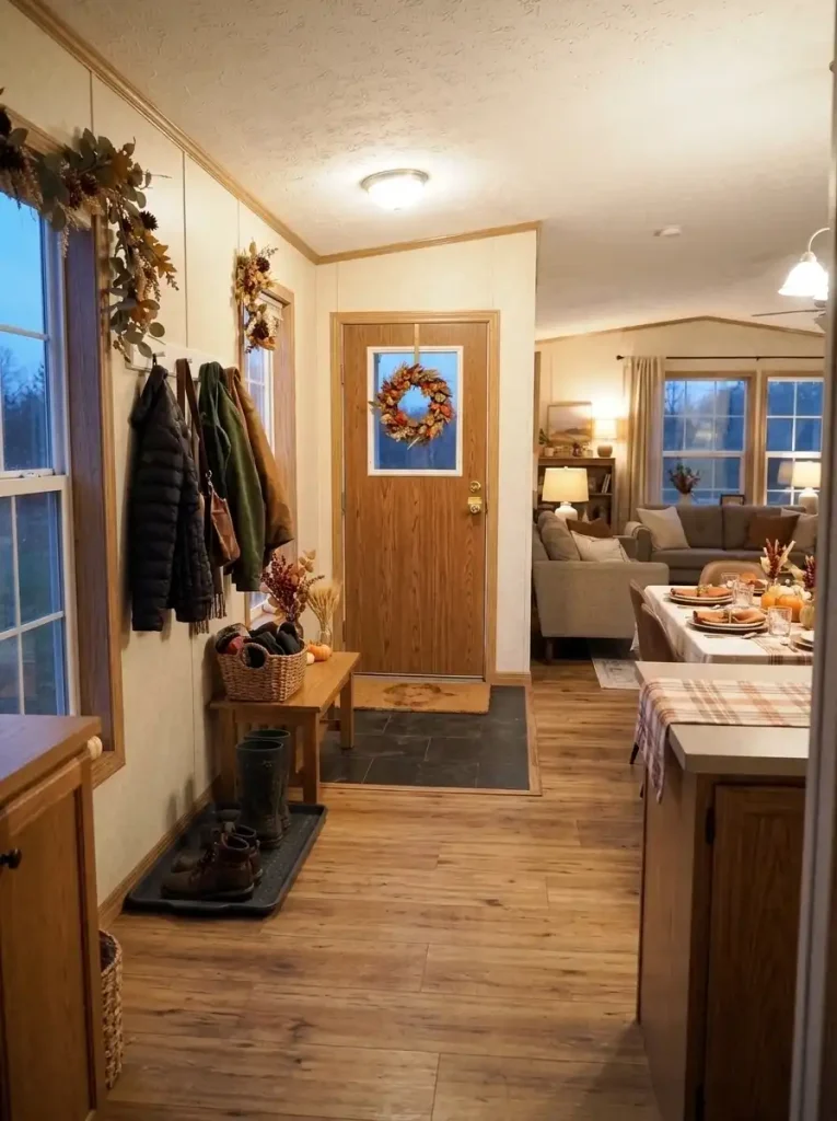 Mobile home entry with a coat rail, accessory basket, shoe tray and unobstructed route leading to the front door.