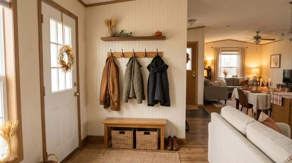 Thanksgiving mobile home entryway with a white beadboard coat wall, black hooks, wooden bench, woven baskets and organized guest jackets.